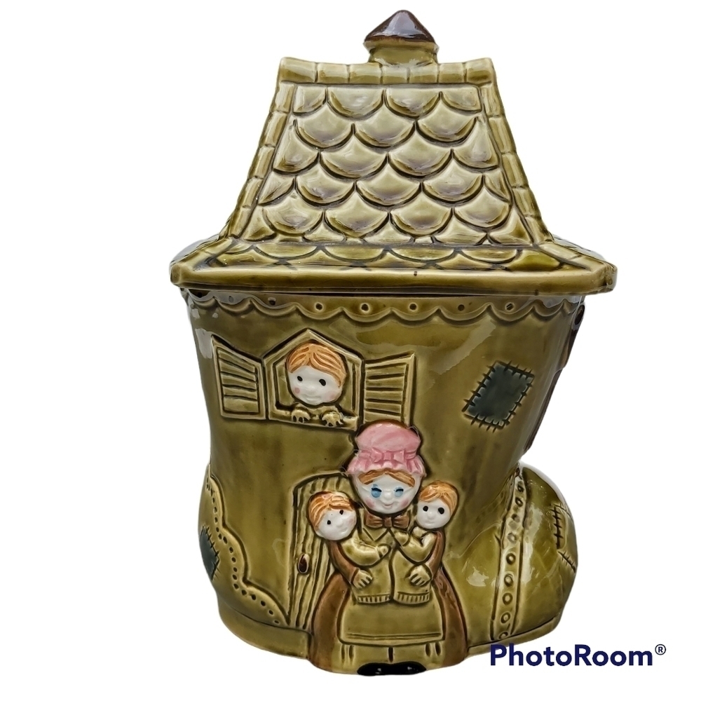 Vintage Japan Cookies Jar Shoe House with Grandma avocado green
